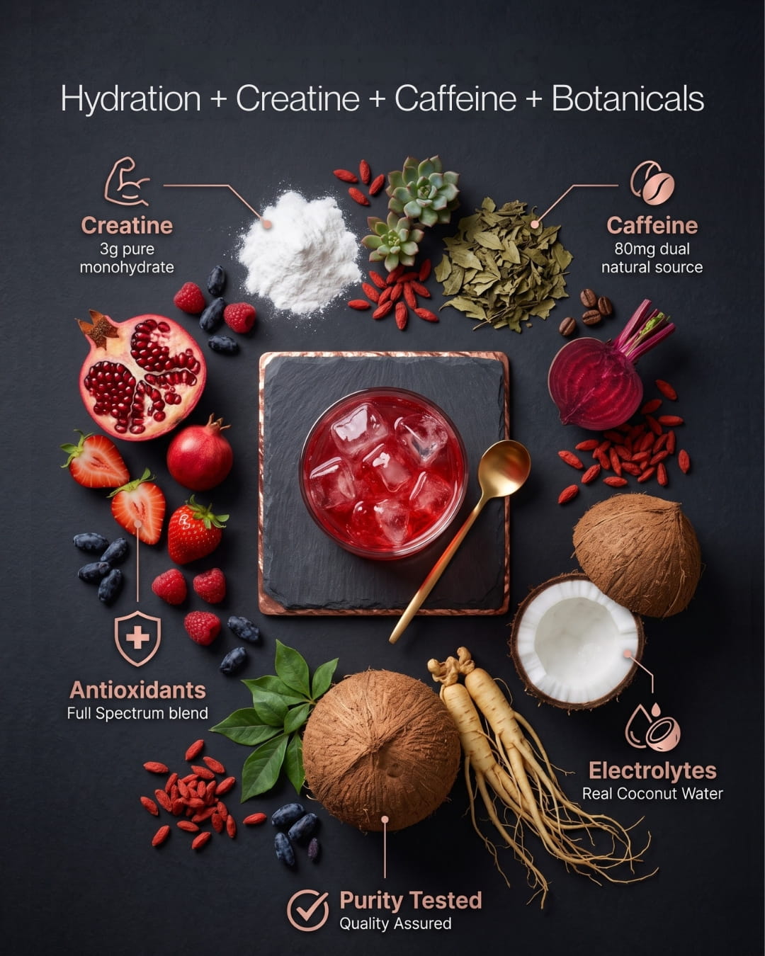 A styled flat-lay of a red iced drink in a glass on a dark slate board, surrounded by labeled ingredients including creatine powder, caffeine, antioxidants, electrolytes, pomegranate, strawberries, blueberries, ginseng, and real coconut water on a dark textured background.