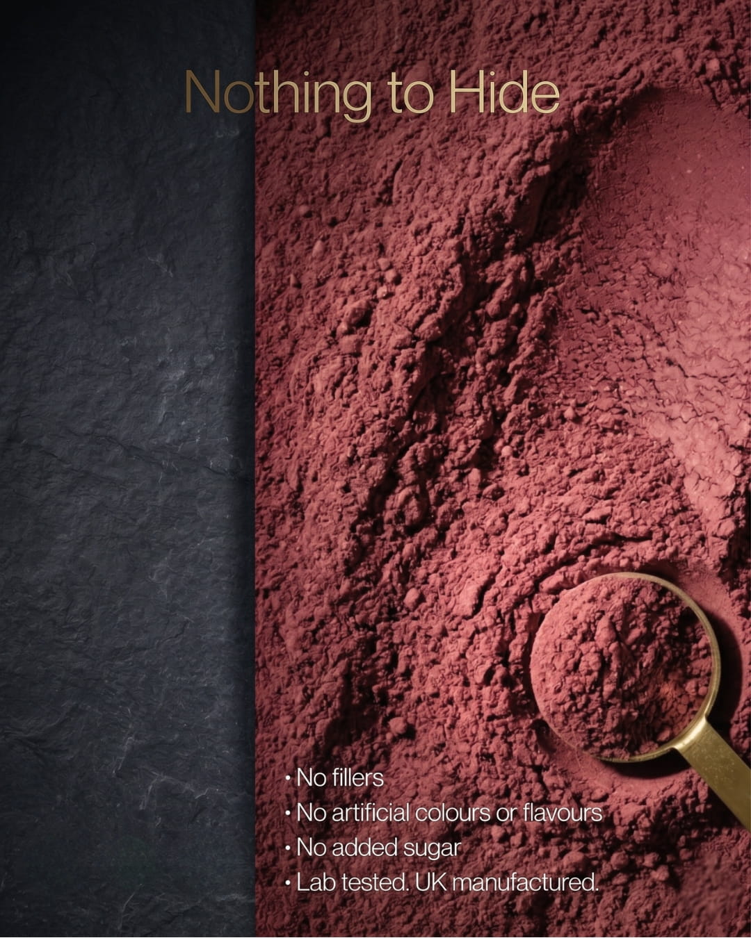 A close-up of a deep reddish-brown powder spread across a dark textured surface, with a scoop holding more of the powder. Gold text at the top reads 'Nothing to Hide' and bullet points at the bottom mention no fillers, no artificial colours or flavours, no added sugar, and lab tested UK manufactured.