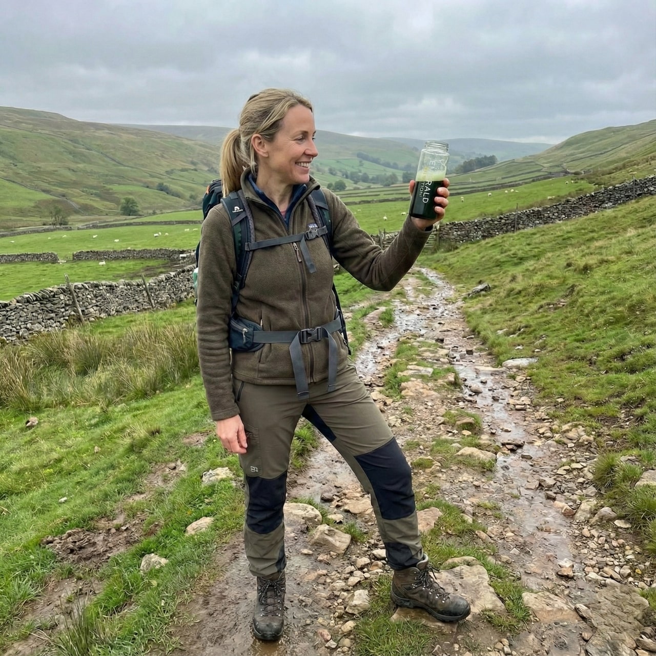 Person hiking in a green landscape holding a drink.