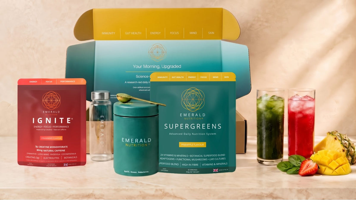 Emerald Nutrition Pineapple Supergreens and Ignite pouches with the Welcome Kit and two iced drinks
