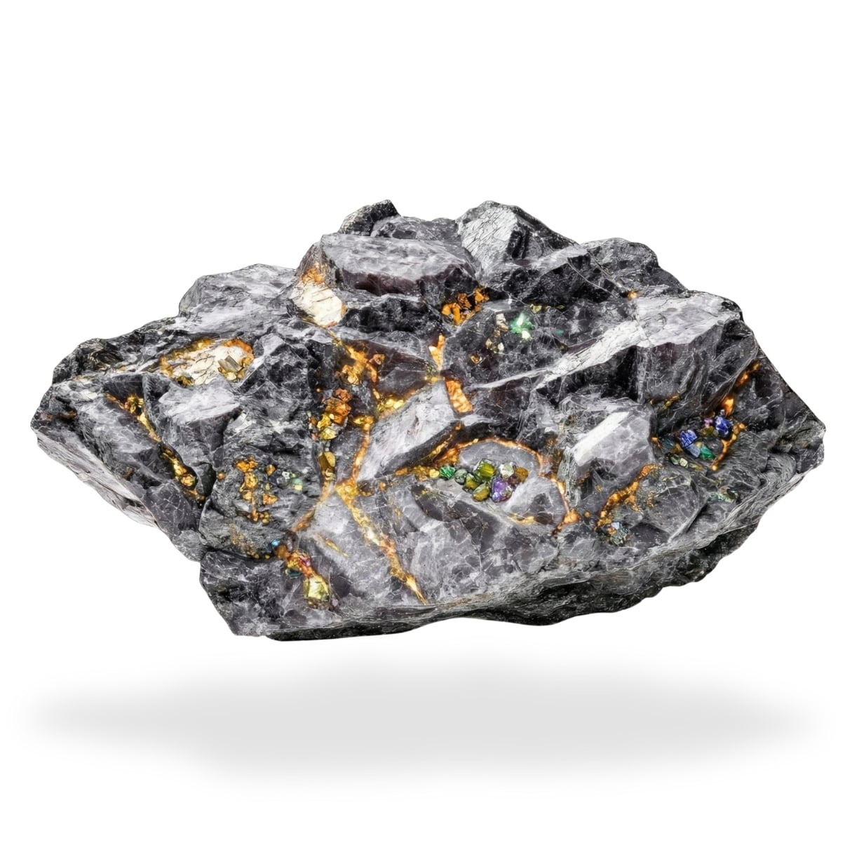 Mineral sample with embedded crystals on a white background