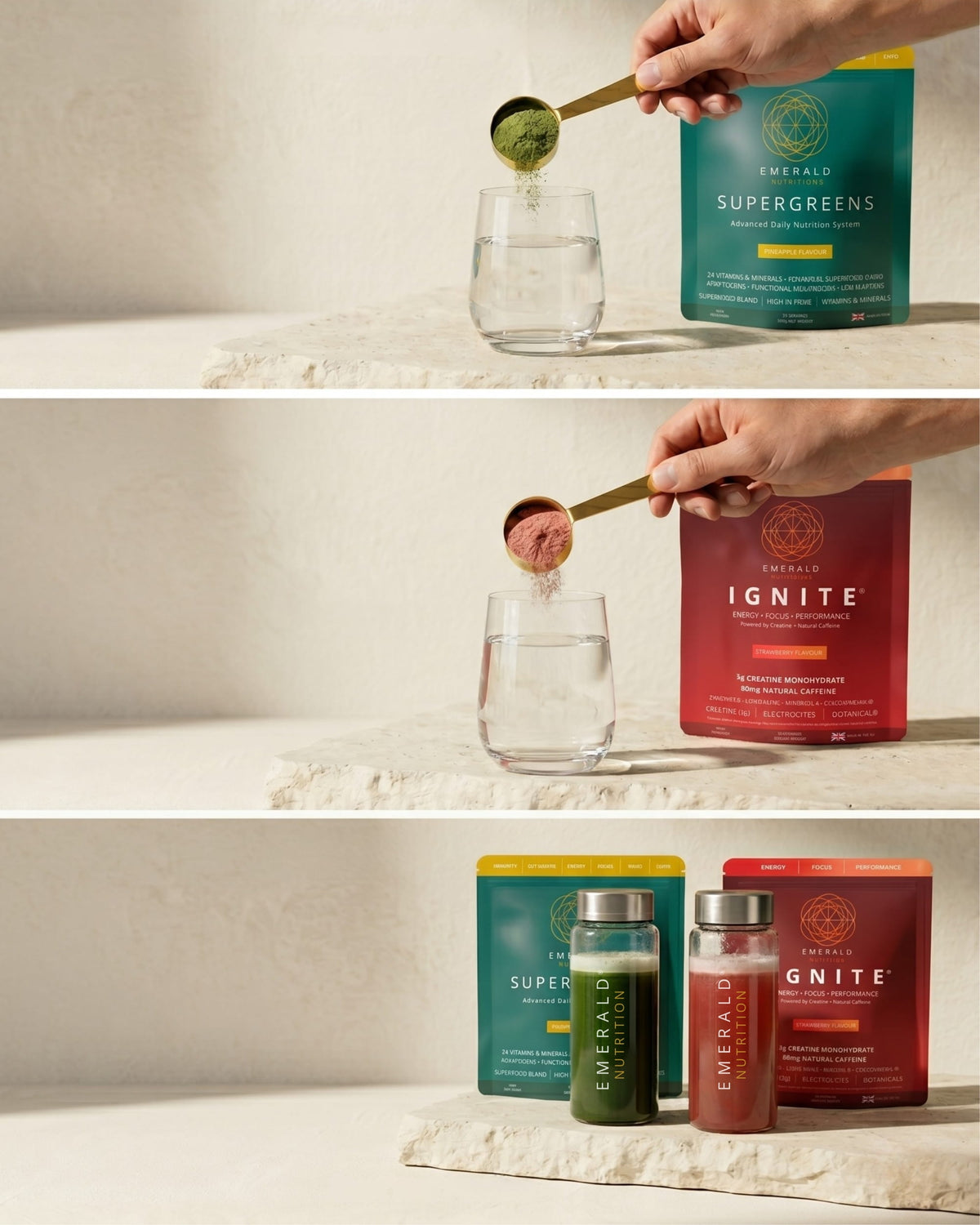 Emerald Supergreens and Ignite pouches with scoops on a cream surface