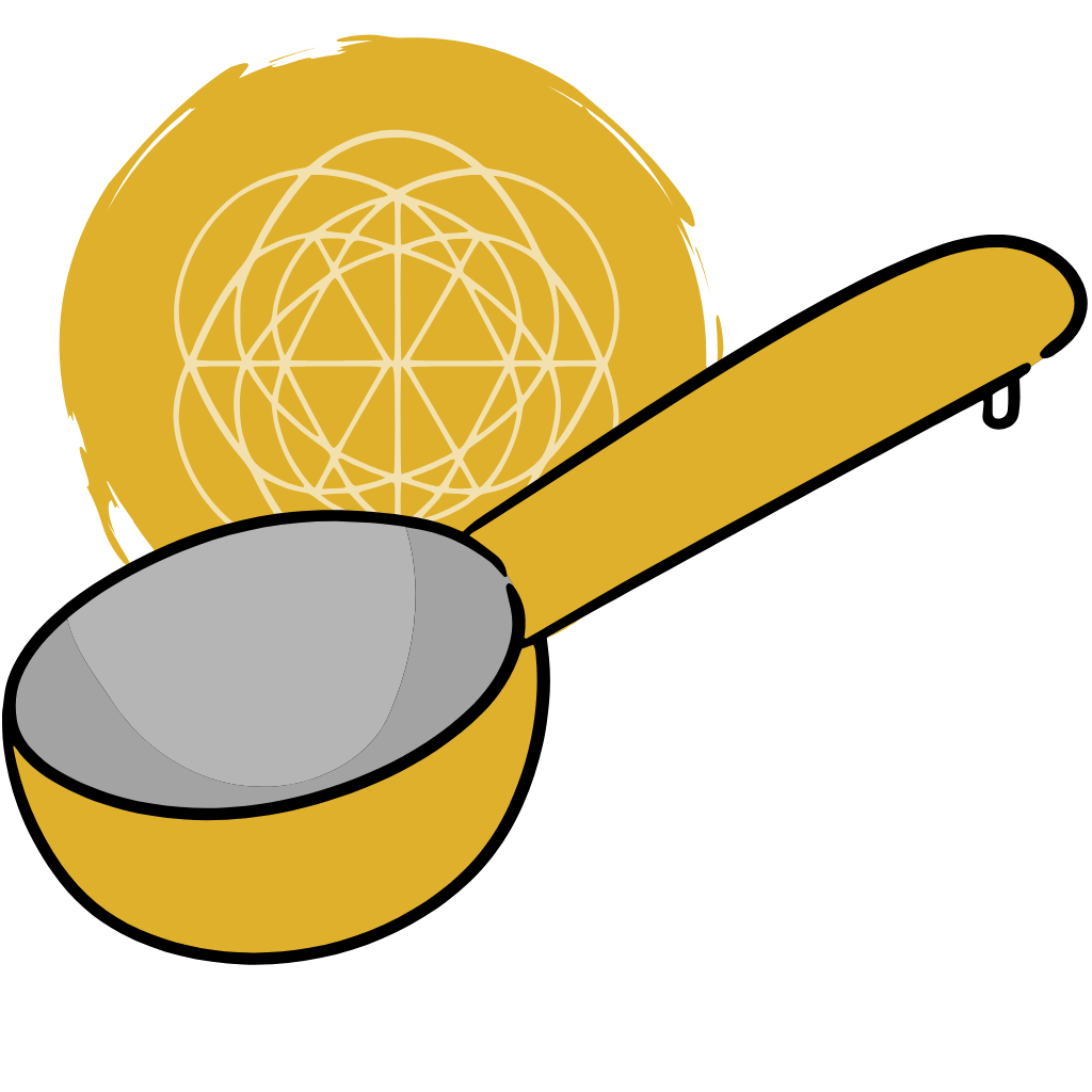 Yellow ladle with a geometric design on a green background