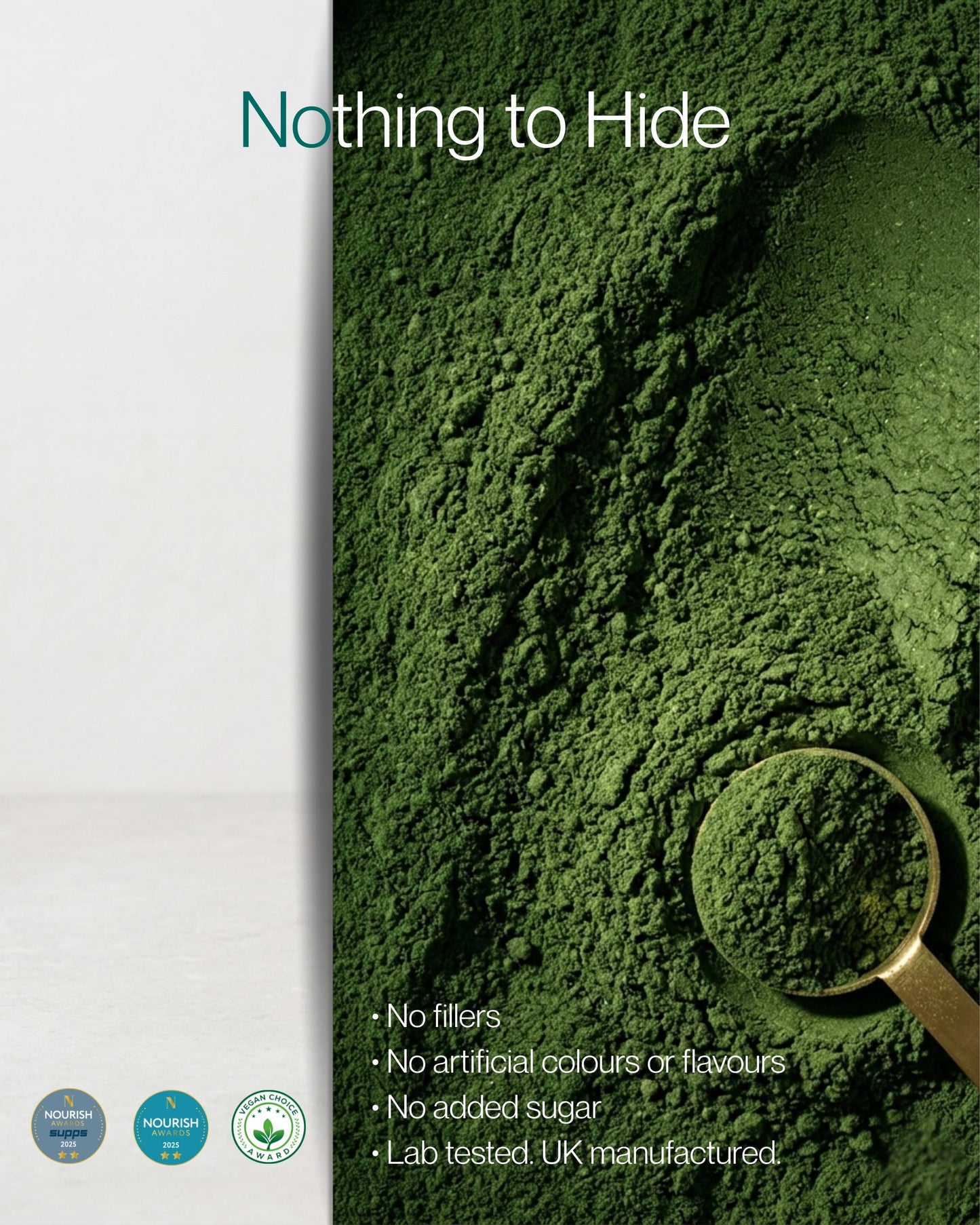 Green powder with a magnifying glass on a white background, featuring text about product attributes.