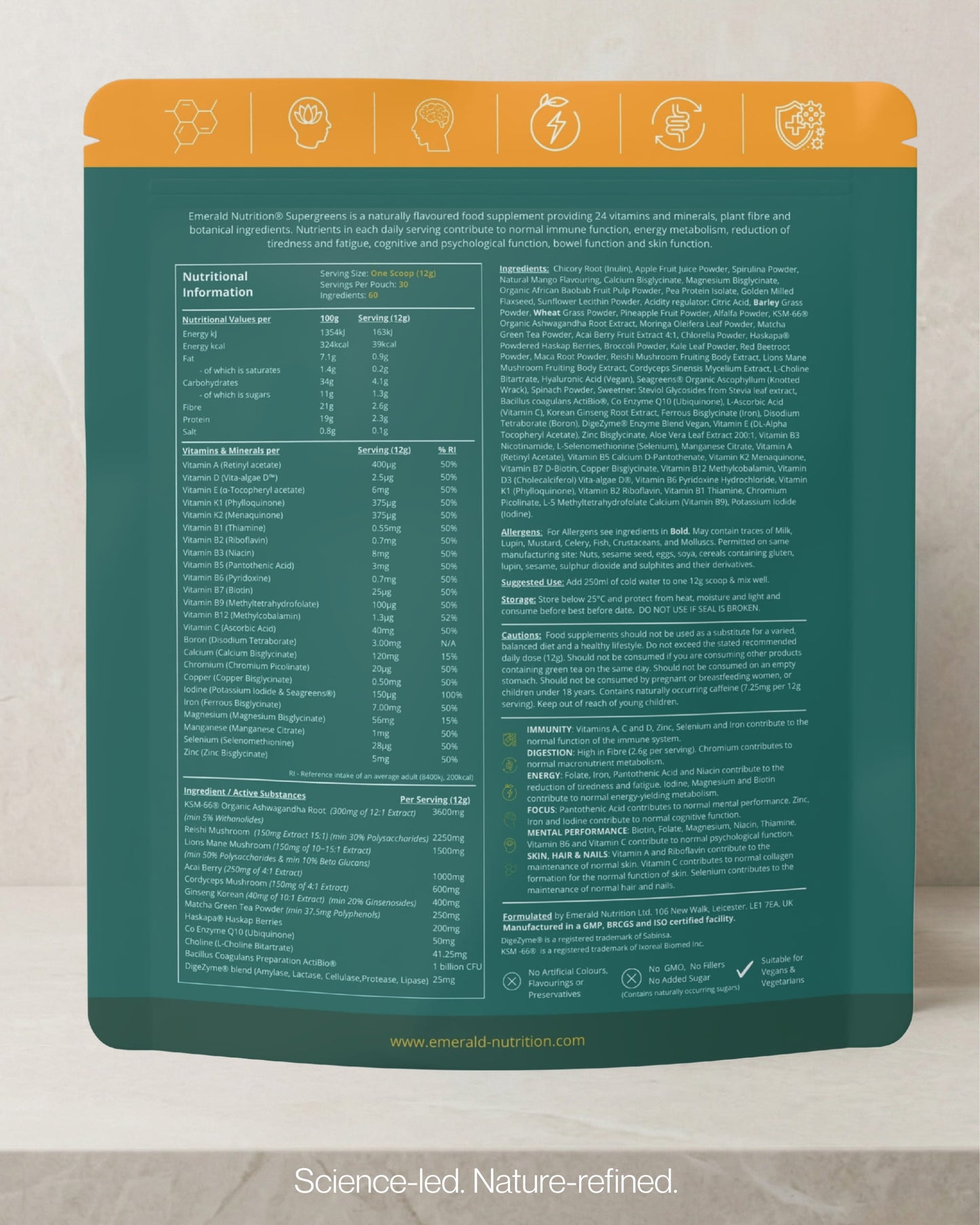 Nutritional supplement package with detailed information on a neutral background