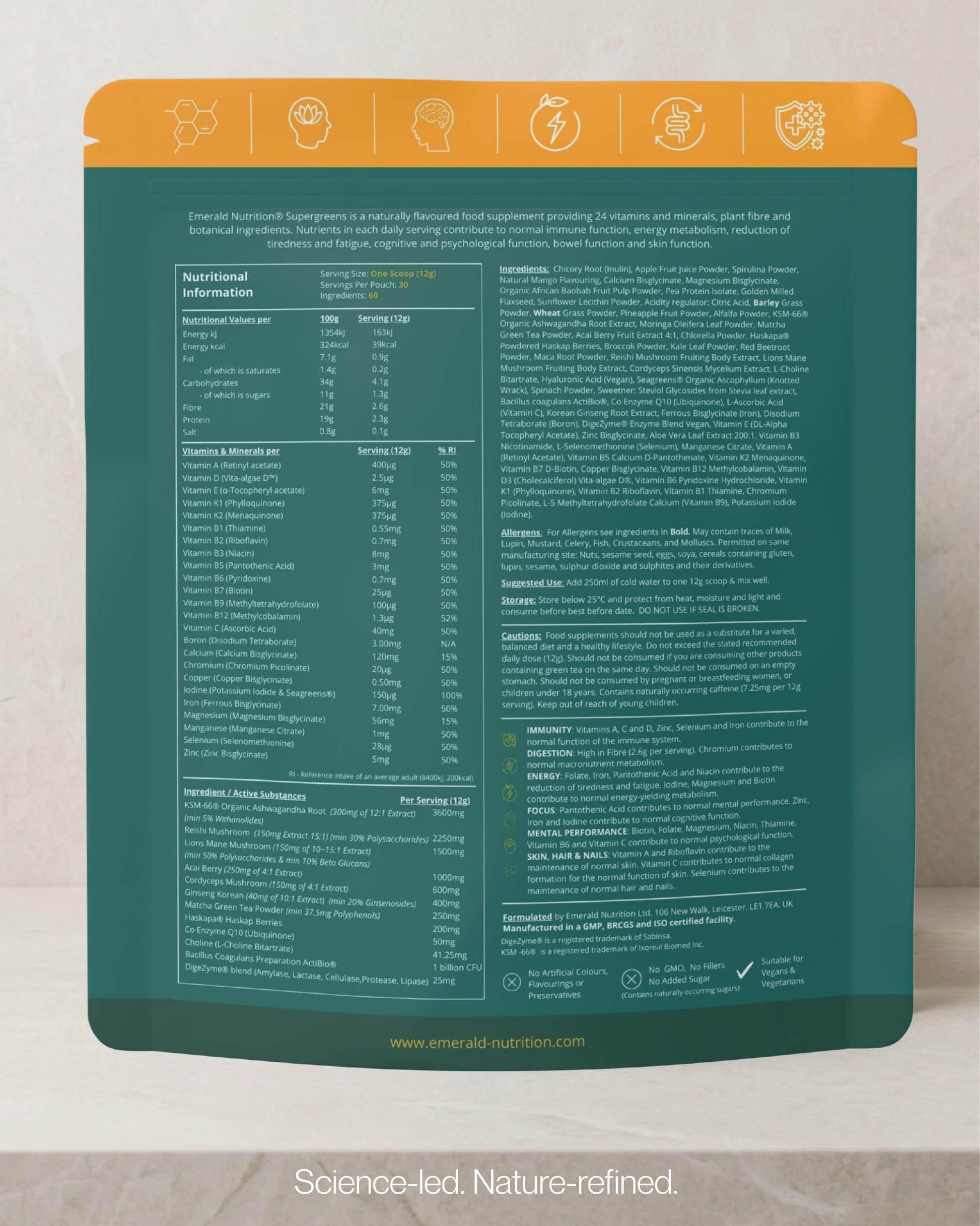 Nutritional supplement package with detailed information on a neutral background