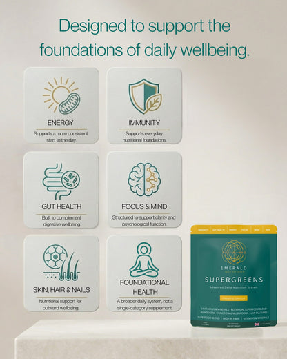 Supplement packaging with icons and text on a light background