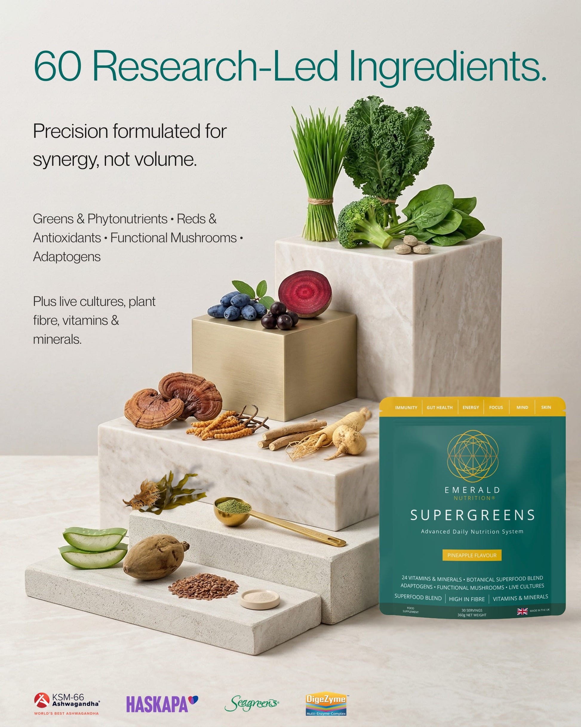 Supergreens package with ingredients on a stone platform, emphasizing research-led ingredients.
