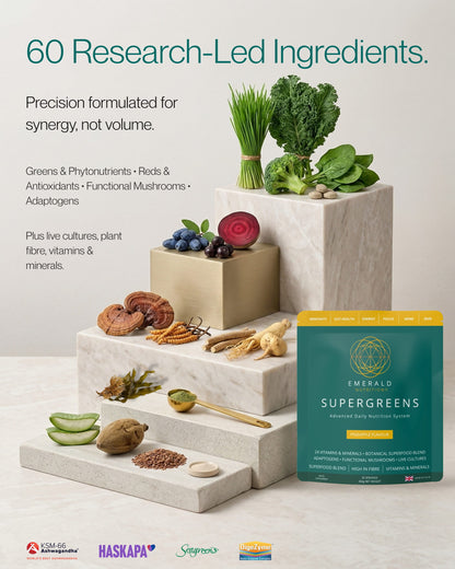 Supergreens package with ingredients on a stone platform, emphasizing research-led ingredients.