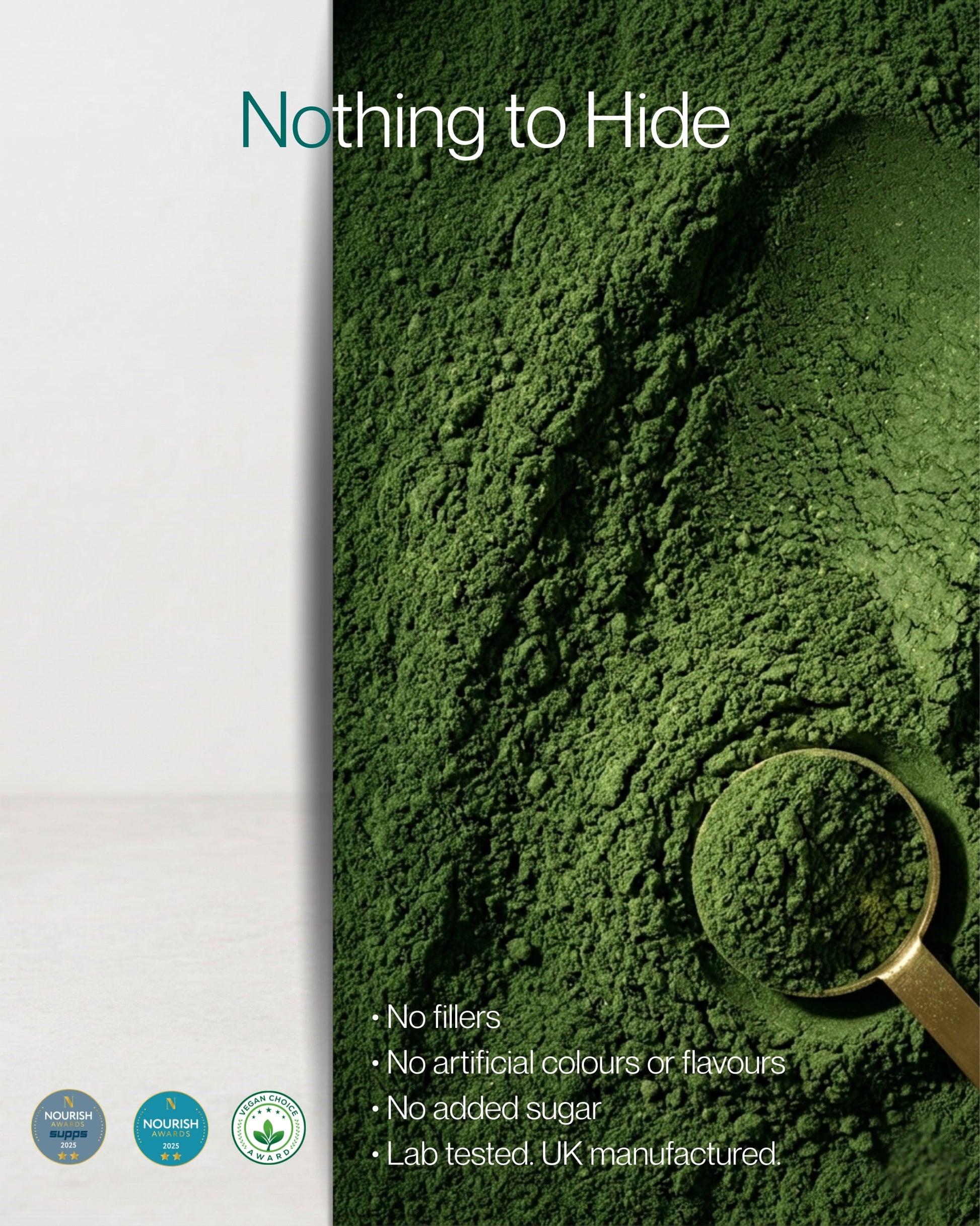 Green powder with a magnifying glass on a white background, featuring text about product attributes.