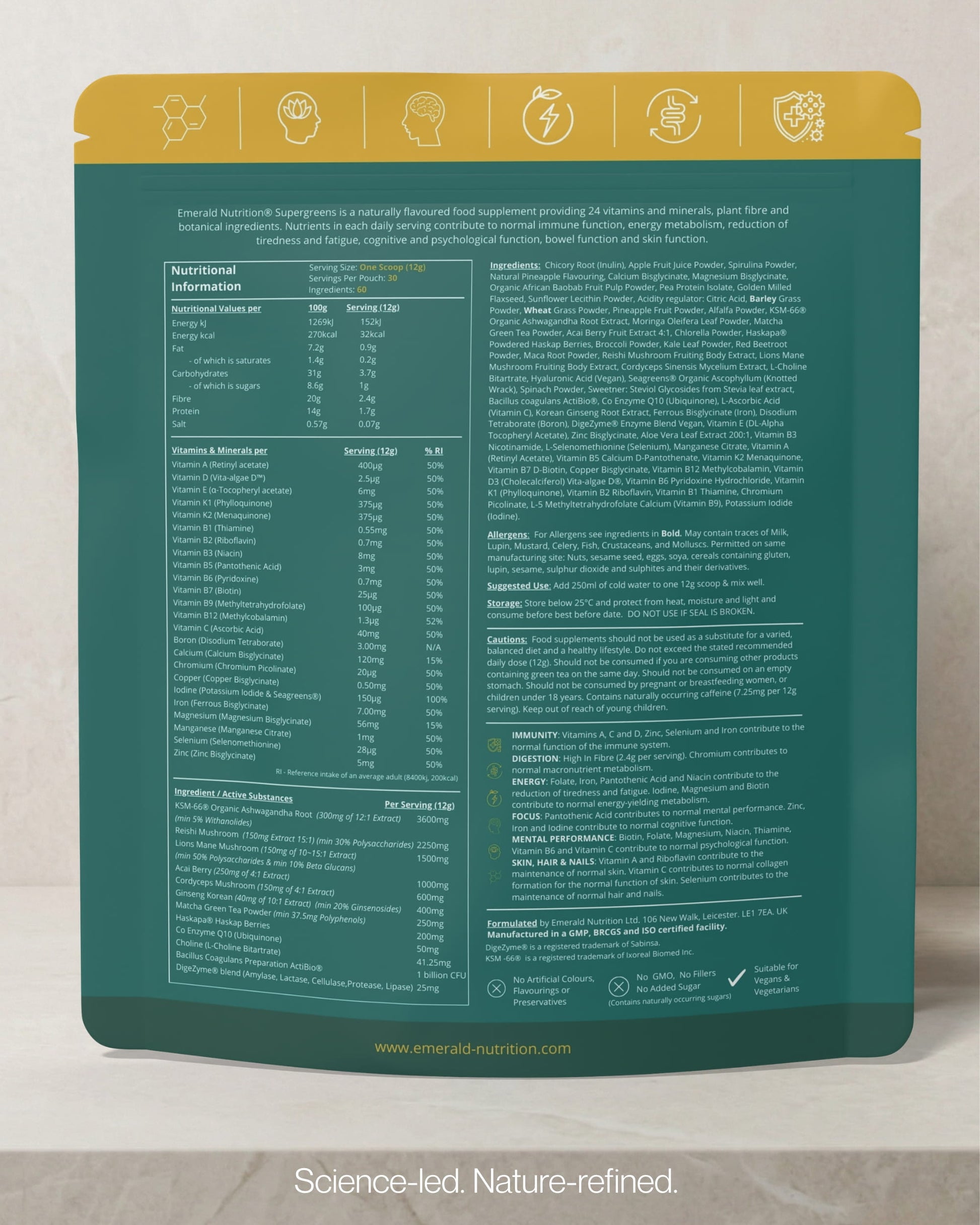 Back view of a green supplement package with text and icons on a light gray background