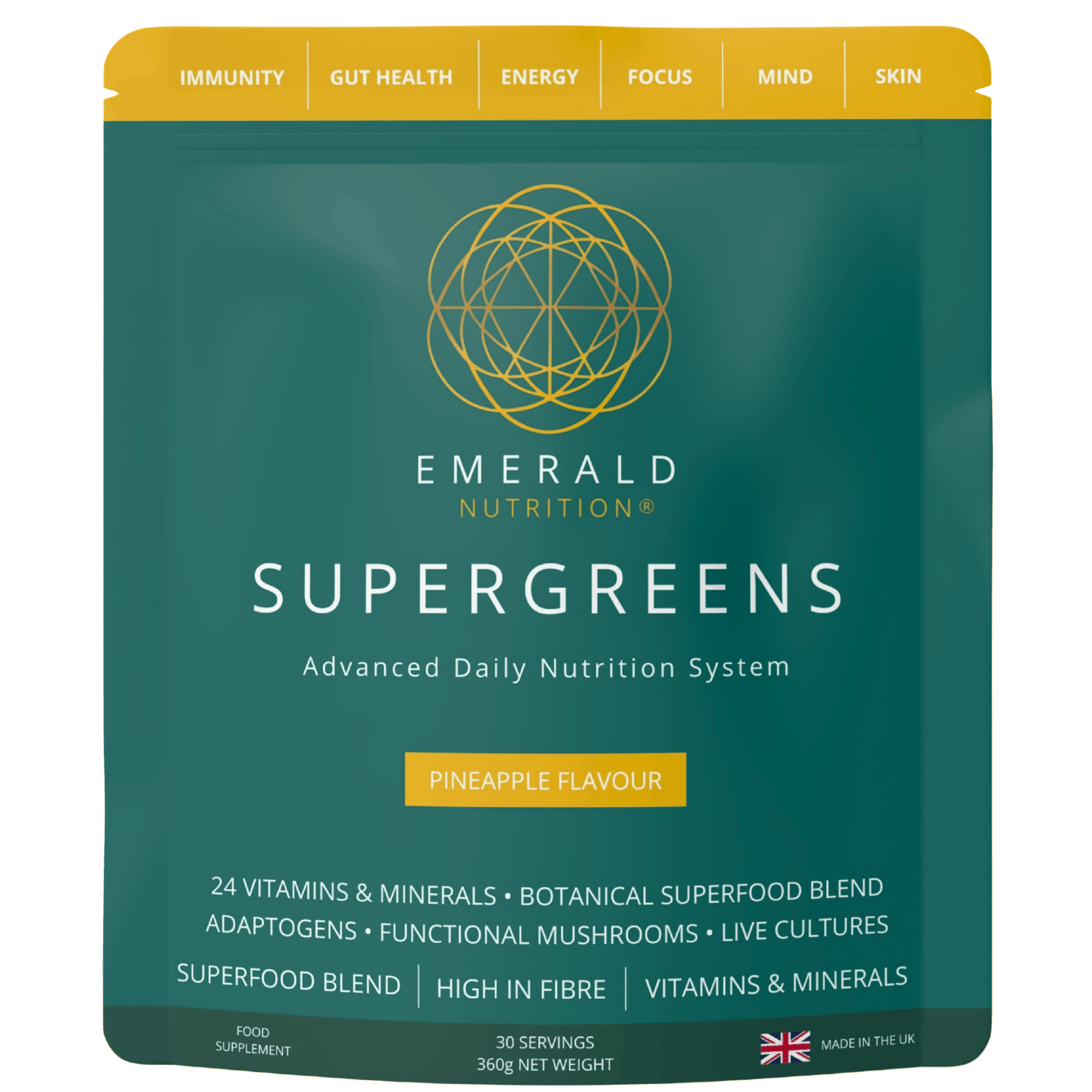 Emerald Nutrition Supergreens package with pineapple flavour on a teal background