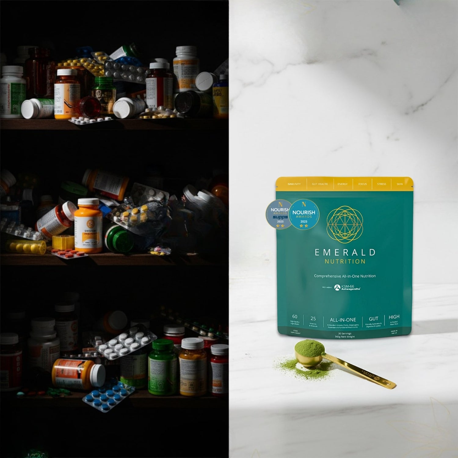 Comparison of a cluttered shelf with various supplements and a clear display of Emerald Nutrition packaging on a marble surface.