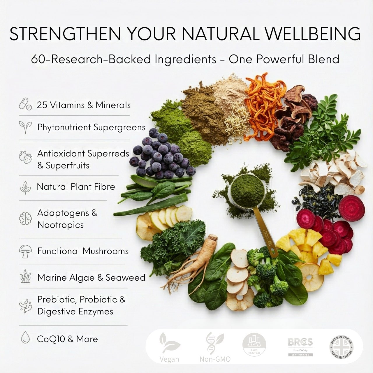 Assorted superfoods arranged in a circular pattern with text highlighting health benefits on a white background.