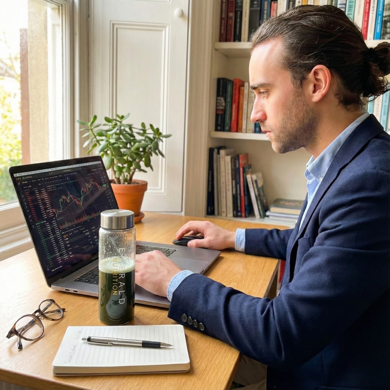 Man working on a laptop at a desk with a bottle and notebook in front of him.