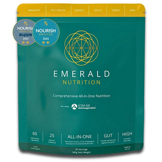 Emerald Nutrition Award Winning Supergreens supplement package with branding and product details on a white background