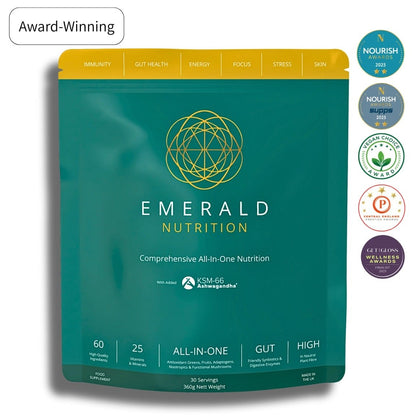 Emerald Nutrition package with branding and product details on a white background