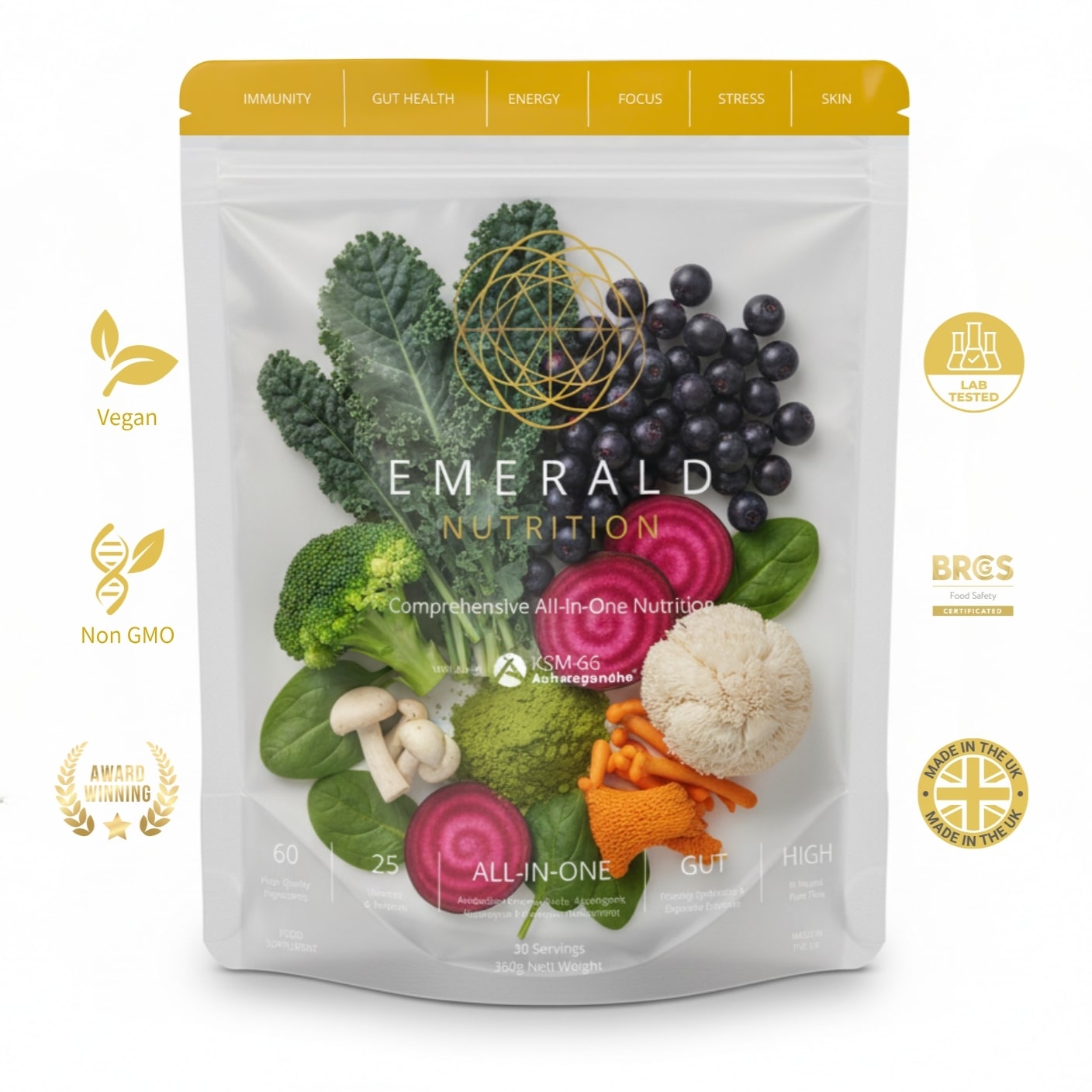 Emerald Nutrition package with vegetables and certification logos on a white background