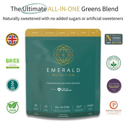 Emerald Nutrition greens blend package with certification logos on a white background