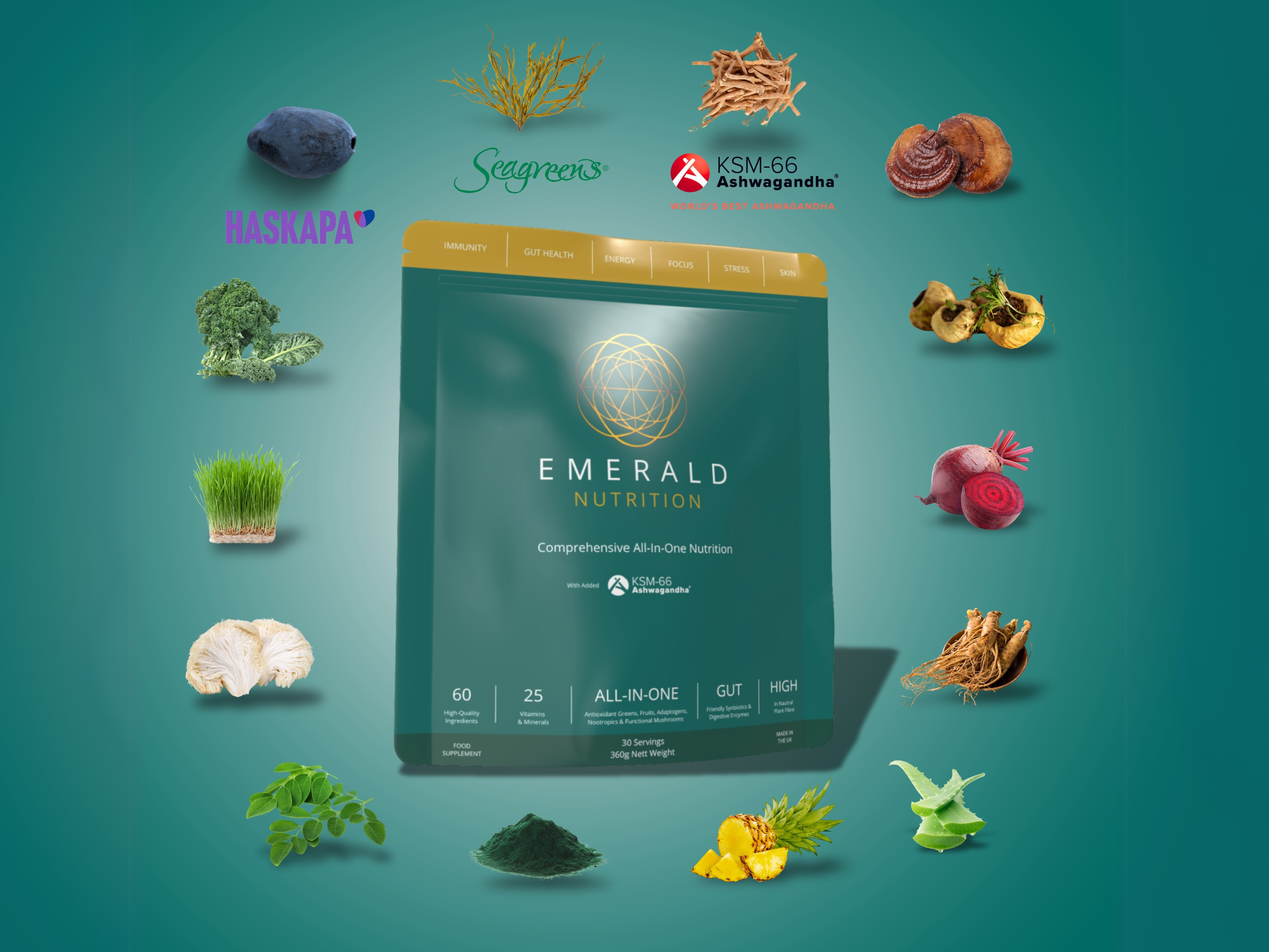 Emerald Nutrition with ingredients circling