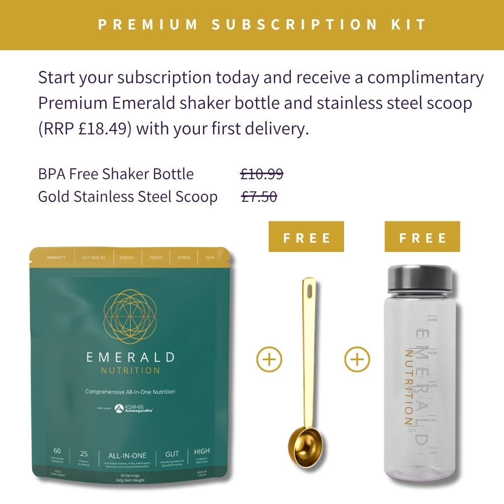 Promotional image for Emerald Nutrition subscription kit with shaker bottle, scoop, and text about free items with first delivery.