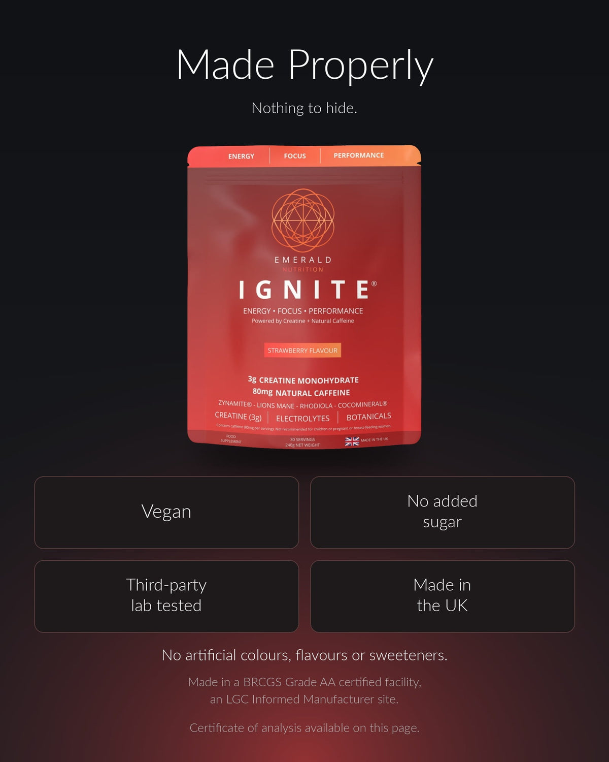 A red bag of Emerald Ignite energy powder centered on a dark gradient background with white text reading 'Made Properly' above it and feature callouts below: Vegan, No added sugar, Third-party lab tested, and Made in the UK.