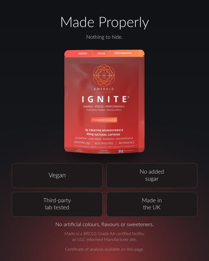 A red bag of Emerald Ignite energy powder centered on a dark gradient background with white text reading 'Made Properly' above it and feature callouts below: Vegan, No added sugar, Third-party lab tested, and Made in the UK.
