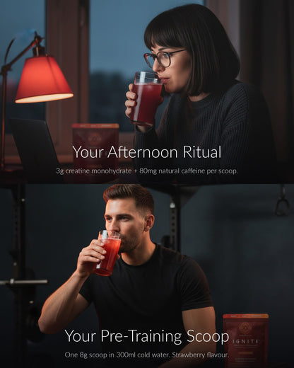 A promotional split image showing two people drinking a red beverage in dim indoor settings. The top panel shows a woman with glasses drinking from a glass, with text reading 'Your Afternoon Ritual' and '3g creatine monohydrate + 80mg natural caffeine per scoop.