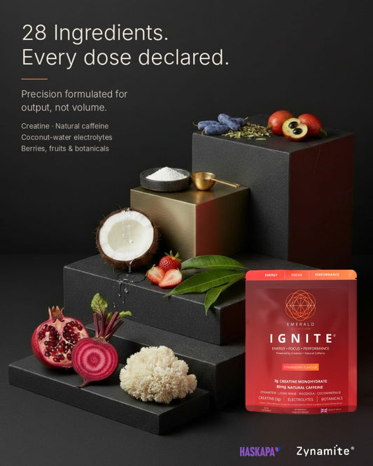 A promotional product shot for HASKAPA Ignite dietary supplement, featuring a red and orange bag on a dark black stepped platform alongside various natural ingredients like pomegranate, coconut, and berries. Text on the left details the product's 28 ingredients and precision formulation.